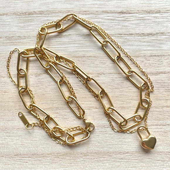 Paperclip Necklace Gold Plated Stainless Steel Heart Charm, New Trendy, classic - Picture 2 of 4